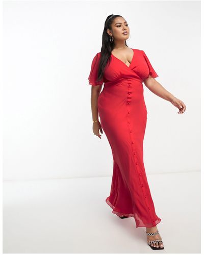 ASOS Asos design curve - exclusivité - robe mi-longue à manches volantées et liens croisés à la taille - Rouge