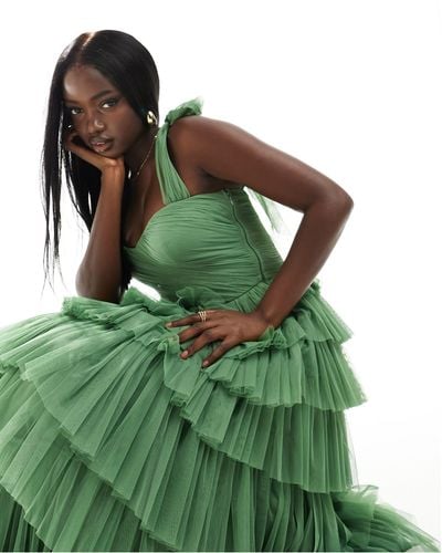 LACE & BEADS Tiered Tie Shoulder Tulle Maxi Dress - Green