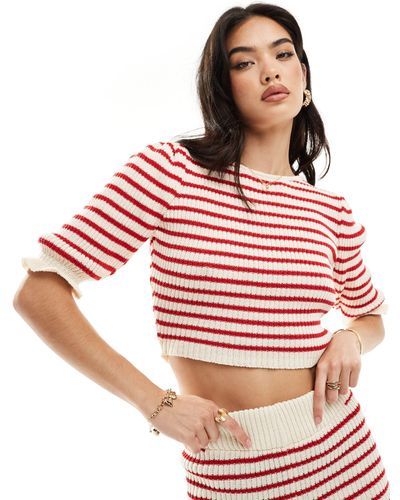 ASOS Knit Striped Top With Frill Sleeve - Red