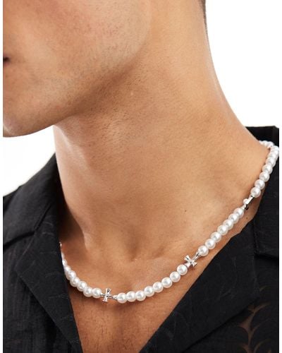 Jack & Jones Pearl Necklace With Silver Plated Cross Charms - Black