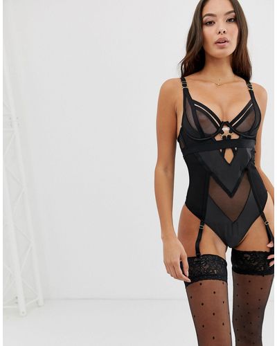 Ann Summers Alina Cut Out Mesh Detail Plunge Body With Suspenders - Black