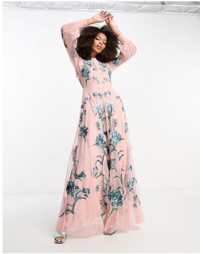 ASOS Blouson Sleeve Floral Embroidered Maxi Dress With Open Back - White