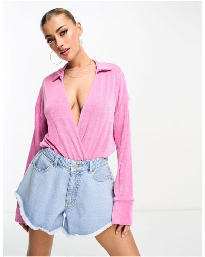 ASOS Slinky Shirt Bodysuit With Plunge Neck - Pink