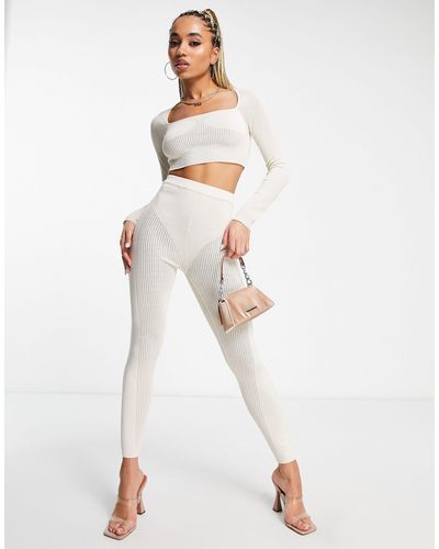 SIMMI Simmi Knitted Ribbed Long Sleeve Contour Top Co-ord - White