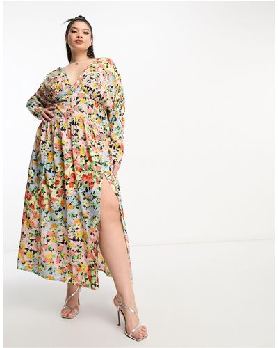 ASOS Asos Design Curve - Nette Midi-jurk Van Viscose Met Vleermuisvleugels En Knopen - Naturel