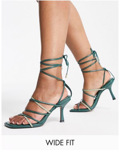 ASOS Wide Fit Hiccup Strappy Tie Leg Mid Heeled Sandals - White