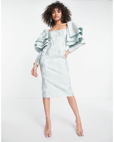 ASOS Jacquard Midi Dress With Triple Ruffle Shoulder - Blue