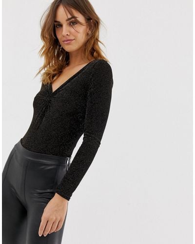 PrettyLittleThing Long Sleeved Sparkle Bodysuit - Black