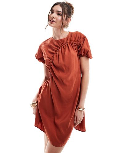 ASOS Puff Sleeve Mini Smock Dress With Ruching Detail - Red