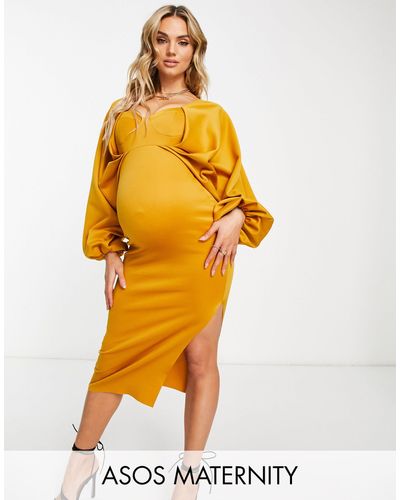 ASOS Asos design maternity - robe mi-longue moulante à encolure en cœur et manches chauve-souris - moutarde - Orange