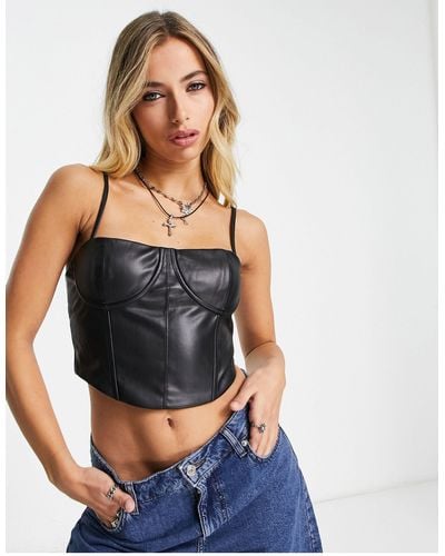 Bershka Faux Leather Structured Corset Top - Blue