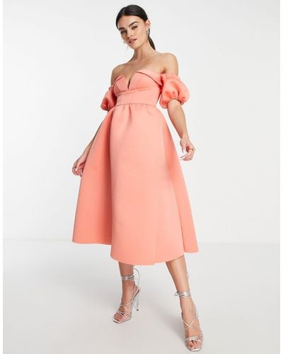 ASOS Off Shoulder Ruffle Midi Prom Dress - Pink