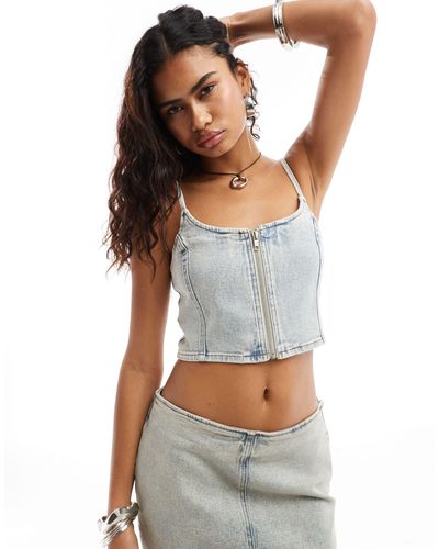 Monki Co-ord Denim Crop Top With Front Zip Up - White