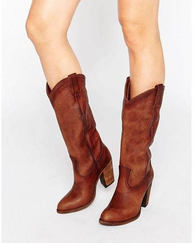 Frye Jackie Button Western Leather Heeled Knee Boots - Brown