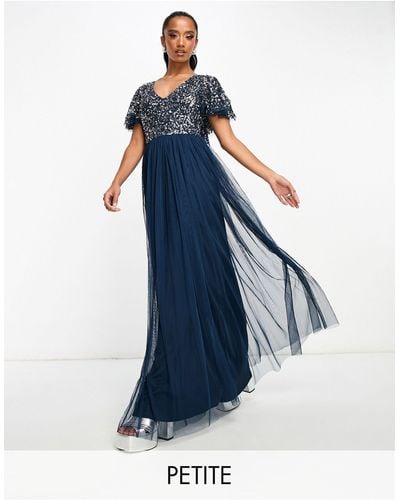 Beauut Petite Bridesmaid Embellished Maxi Dress With Flutter Detail - Blue