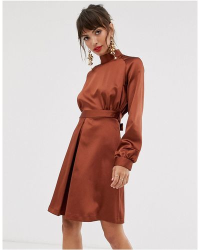 Closet Closet - Hoogsluitende Satijnen Mini-jurk - Bruin