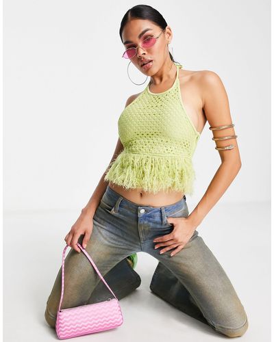 Naanaa Fishnet Crop Top With Faux Feather Trim - Green