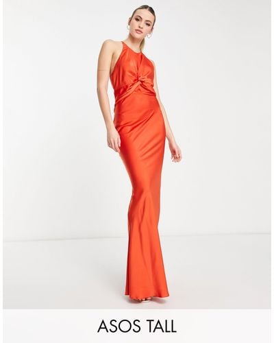 ASOS Asos Design Tall Knot Front Satin Maxi Dress With Tie Back Detail - Red