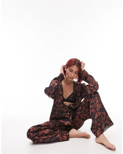 TOPSHOP Satin Abstract Print Piped Shirt And Trouser Pajama Set - Brown