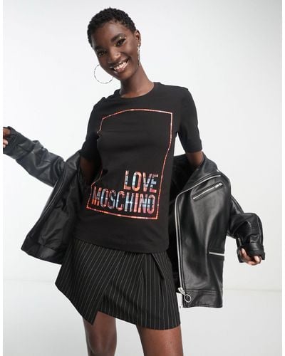 Love Moschino T-shirt Met Omkaderd Folie-logo - Zwart