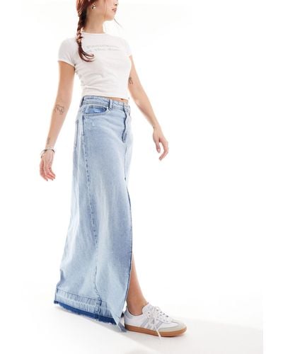ONLY Denim Maxi Skirt With Frayed Hem - Blue