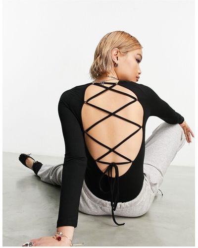 AsYou Strap Back Square Neck Bodysuit - Black