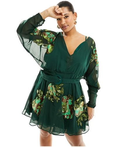 ASOS Asos Design Curve Mini Dress With Floral Embellishment And Godet Skirt With Belt - Green