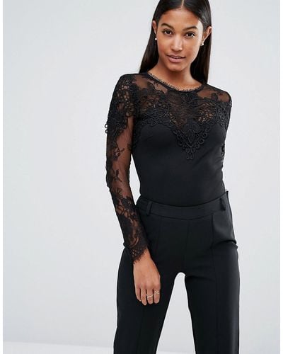 Lipsy Michelle Keegan Loves Long Sleeve Lace Bodysuit - Black
