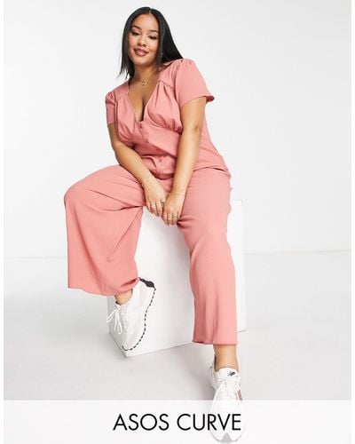 ASOS Asos Design Curve Bubble Crepe Cap Sleeve Tea Button Front Jumpsuit - Pink