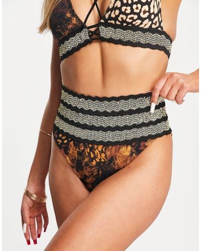 River Island – hoch geschnittene, elastische bikinihose mit glitzerndem leopardenmuster - Braun