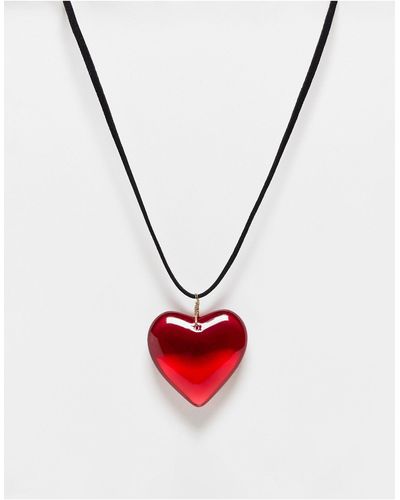 ASOS Mid Length Cord Necklace With Red Puff Heart - White