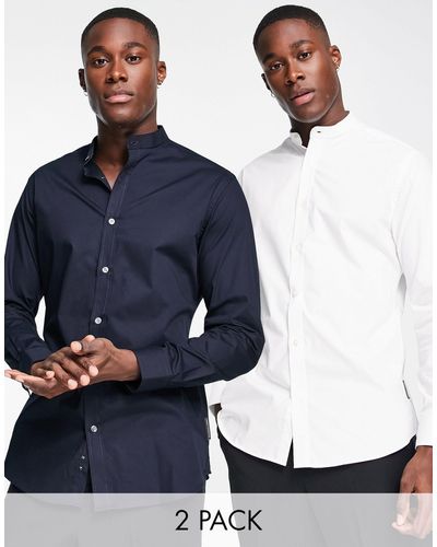 French Connection 2 Pack Grandad Collar Shirts - Blue