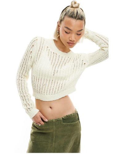 Noisy May Crew Neck Cropped Open Knit Top - White