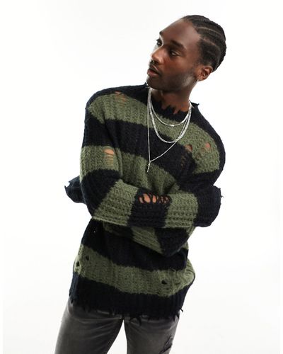 AllSaints Sid - maglione girocollo effetto invecchiato e verde e righe - Nero