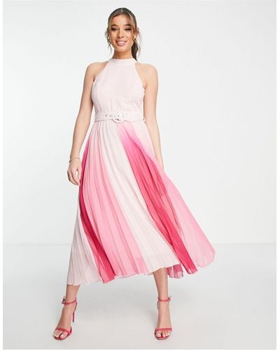 Style Cheat – hochgeschlossenes, plissiertes midikleid mit farbverlauf und gürtel - Pink