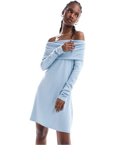 Monki Jersey Mini Dress With Ruche Off Shoulder Detail - Blue