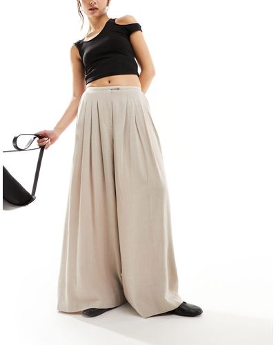 ASOS Pleated Palazzo Wide Leg Trouser With Linen - Natural