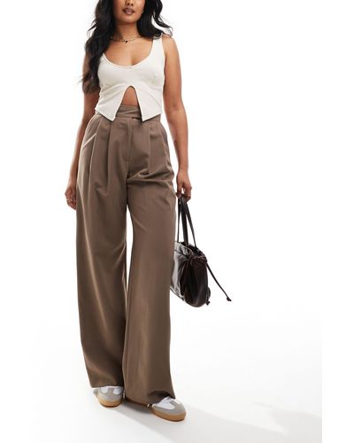 ASOS Tailored Wide Leg Trouser With Pleat Detail - Brown
