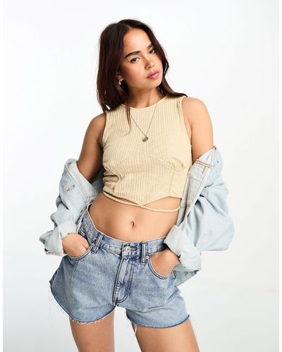 Vero Moda Geribbelde Crop Top Met Strikbandjes - Blauw