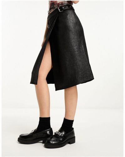 Weekday Oda Faux Leather Midi Skirt With Belt And Hardware Details - Black