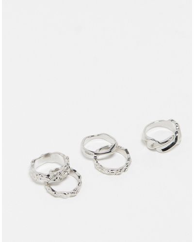 ASOS Pack Of 5 Rings With Mixed Molten Design - Natural