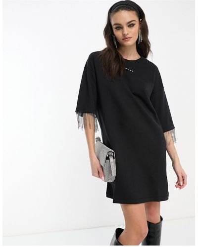 Replay Logo T-shirt Dress With Embellished Tassel Sleeve Trim - Black