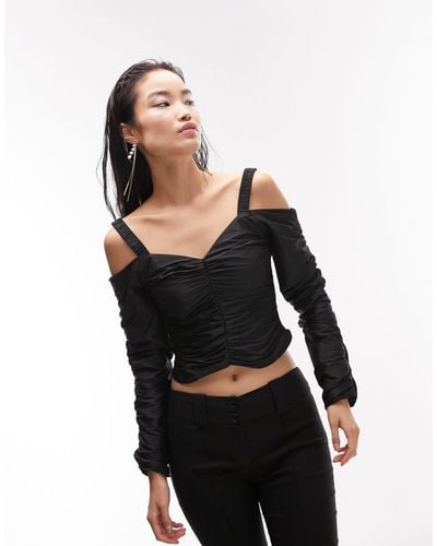 TOPSHOP Long Sleeve Ruched Top - Black