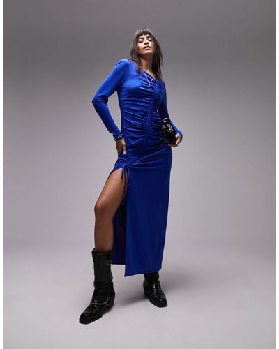 TOPSHOP Super Soft Ruched Front Long Sleeve Midi Dress - Blue