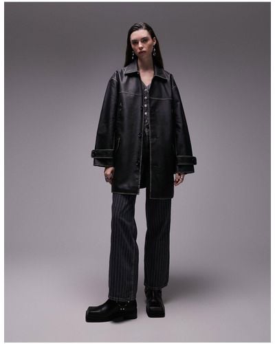 TOPSHOP Faux Leather Mid Length Coat - Black