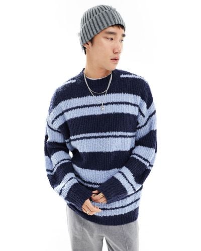 Collusion Boucle Knit Stripe Oversized Sweater - Blue