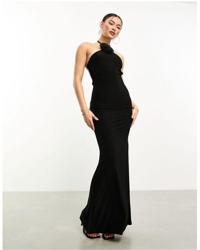 Fashionkilla Corsage Halterneck Open Tie Back Maxi Dress - Black