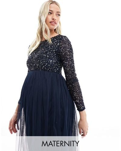 Maya Maternity Bridesmaid Long-sleeved Maxi Tulle Dress With Tonal Delicate Sequins - Blue
