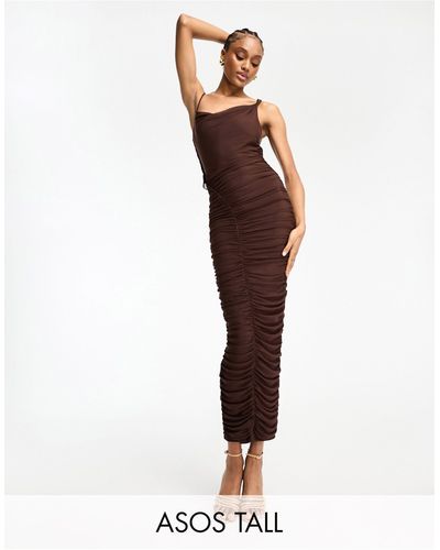 ASOS Asos Design Tall Asymmetric Cowl Cami Midi Dress With Diagonally Ruched Skirt - Brown
