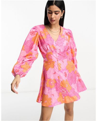 In The Style Button Through Volume Sleeve Mini Skater Dress - Pink